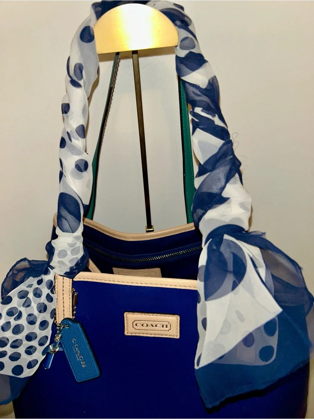 Coach Park Navy Saffiano Leather Tote with Polka Dot Scarf-wrapped Handles